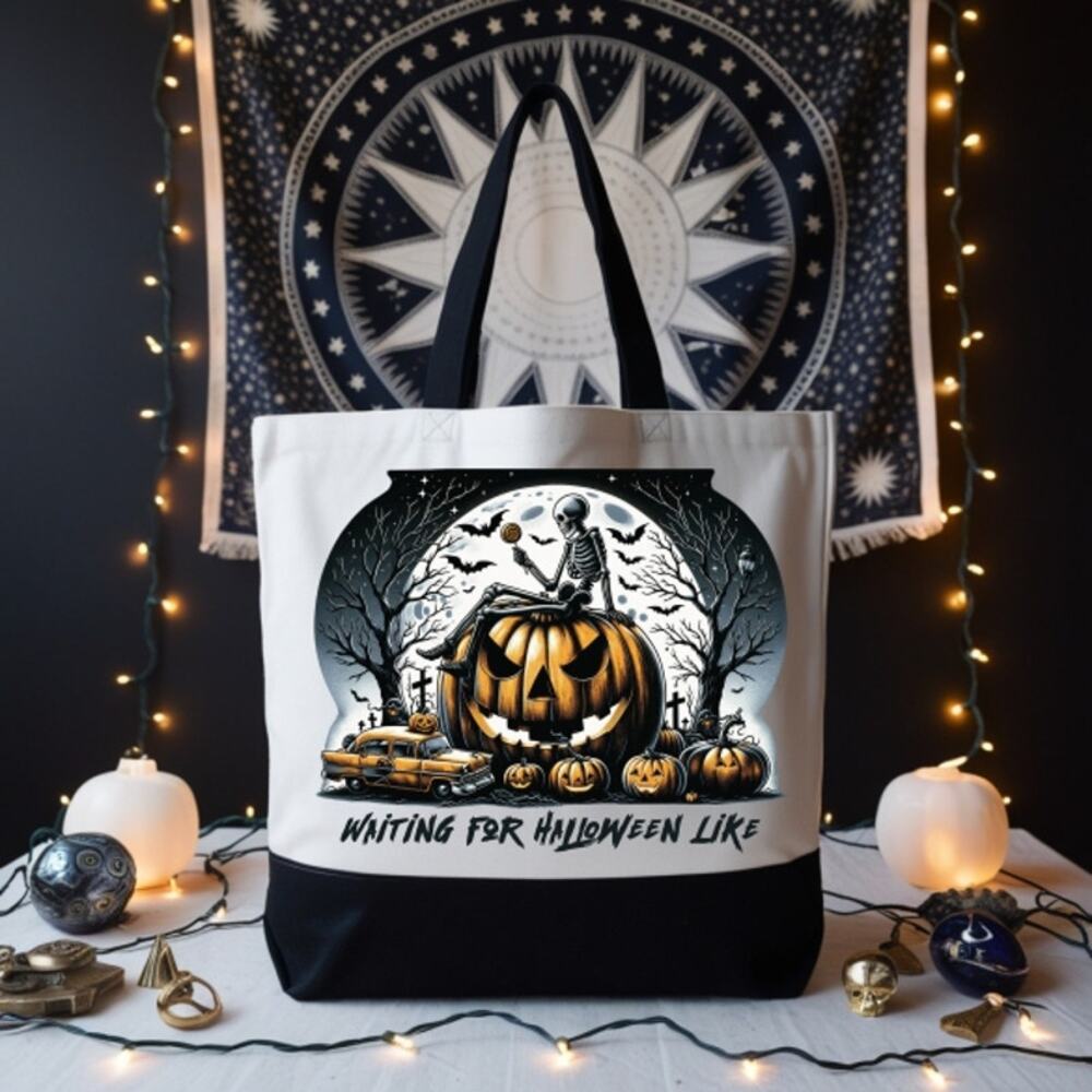 Waiting for Halloween Spooky Skeleton Tote Bag